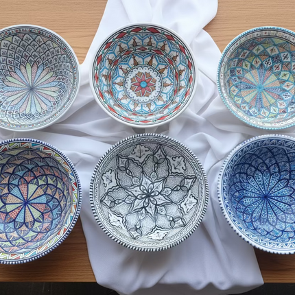 Tiefe, runde Keramikschalen aus Tunesien – handgefertigt, glasiert und kunstvoll bemalt. Jede Schale wird in traditioneller Handarbeit gefertigt und steht für authentische Handwerkskunst und mediterrane Lebensfreude.