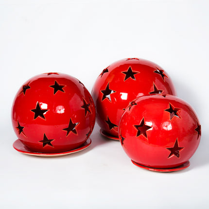Windlicht-Kugel-Set Sterne Rot – 17/20/25 cm