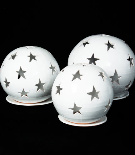 Keramik Windlichter Kugel Sterne weiß