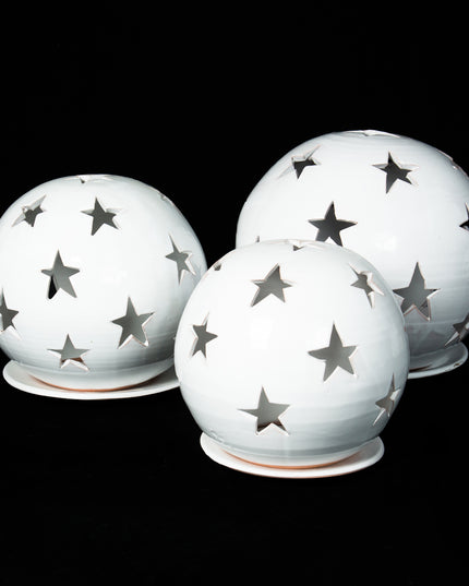 Keramik Windlichter Kugel Sterne weiß