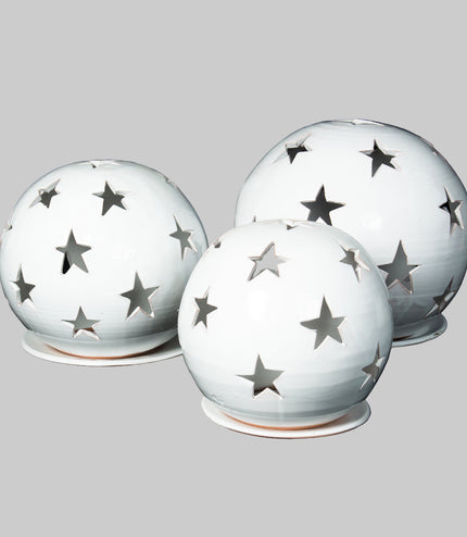 Keramik Windlichter Kugel Sterne weiß