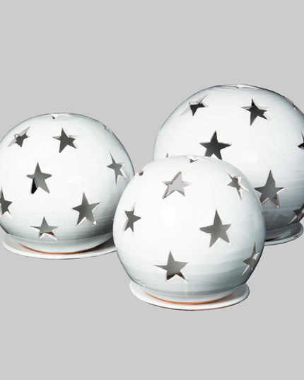Keramik Windlichter Kugel Sterne weiß