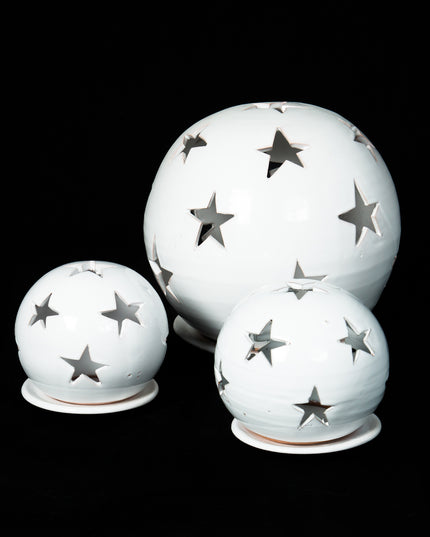 Keramik Windlichter Kugel Sterne weiß