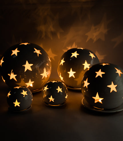 Keramik Windlichter Kugel Sterne weiß