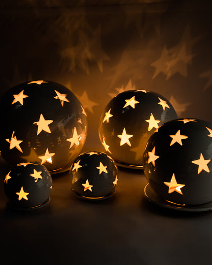 Keramik Windlichter Kugel Sterne weiß