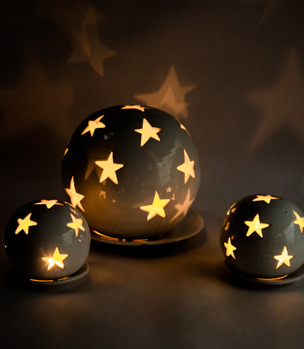 Keramik Windlichter Kugel Sterne weiß