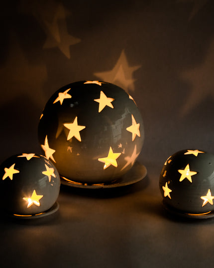 Keramik Windlichter Kugel Sterne weiß