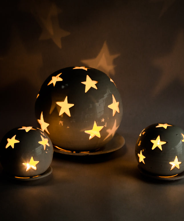 Keramik Windlichter Kugel Sterne weiß