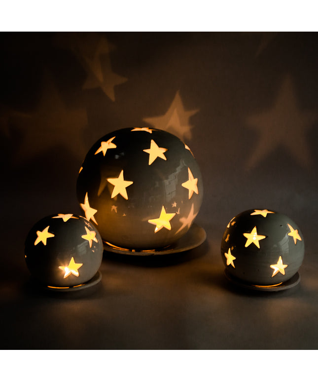 Keramik Windlichter Kugel Sterne weiß